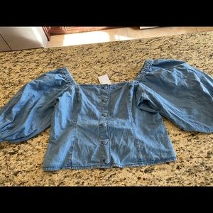 Button down off the shoulder ballon crop denim top